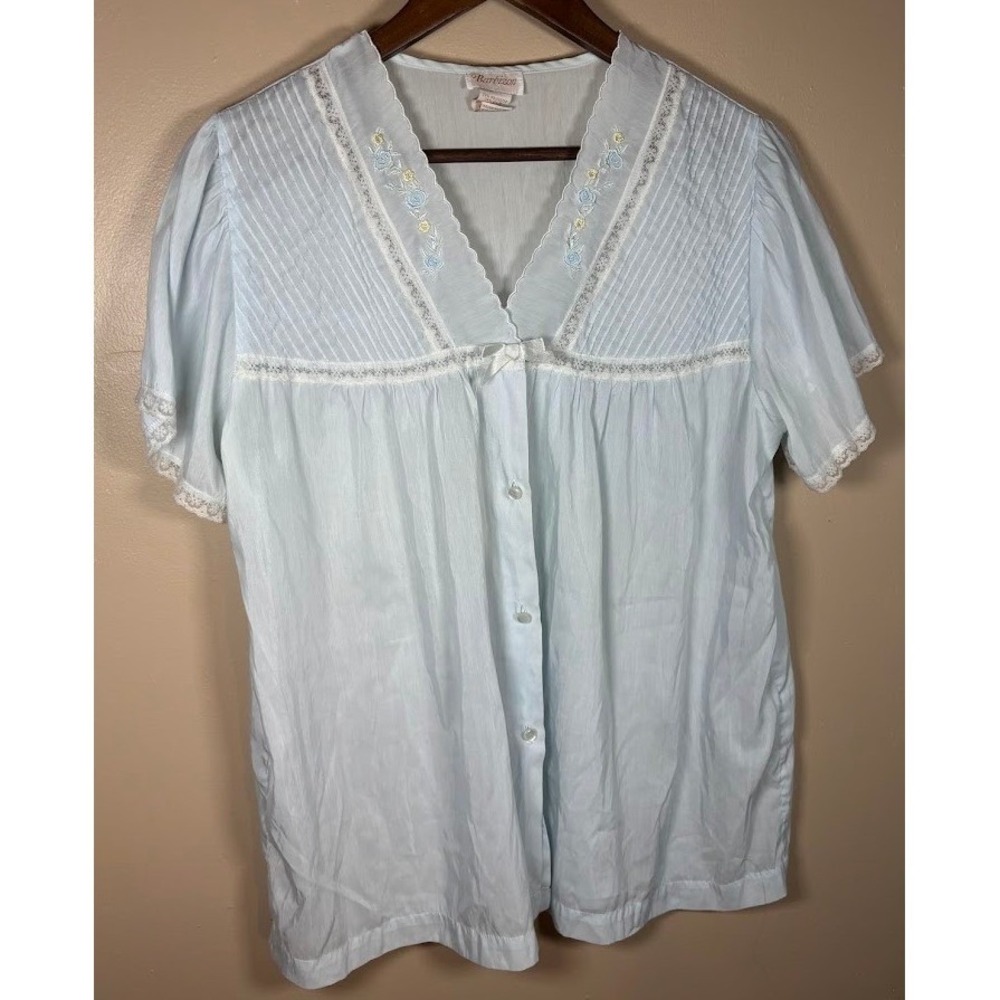 Barbizon Vintage Pajama Set Light Blue Floral Embroidery Lace Large 08-66743